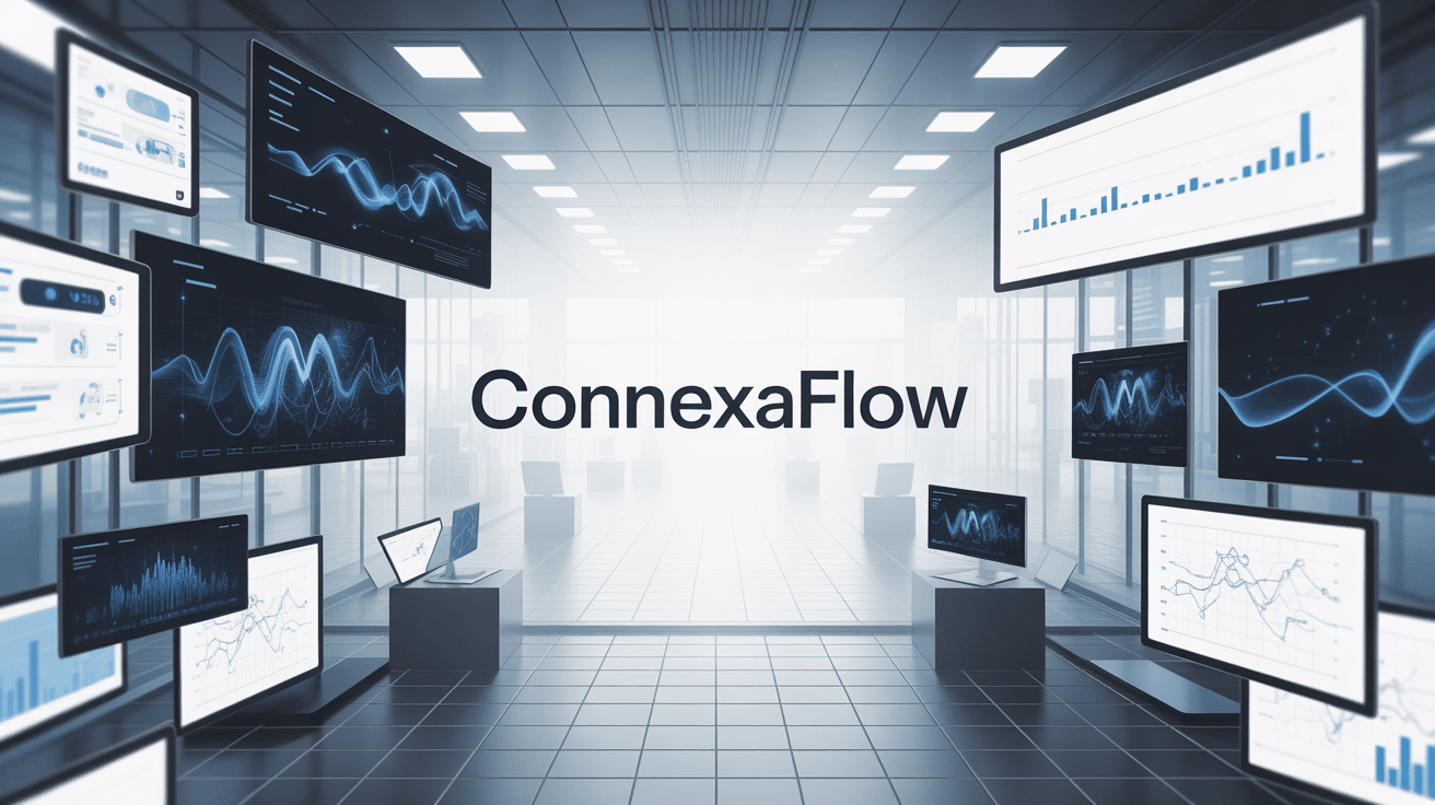 Illustration ConnexaFlow bureau futuriste high-tech