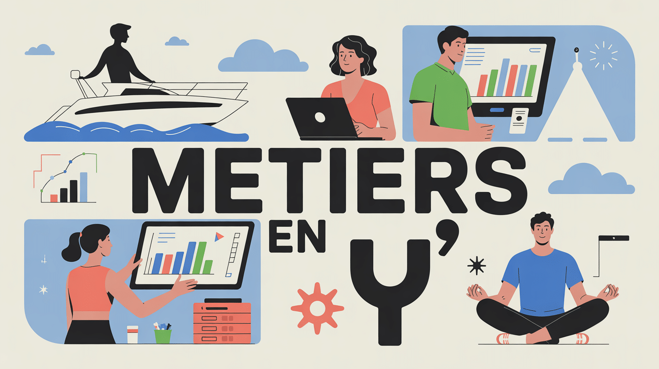 Illustration de métiers en Y: yacht, vidéo, analytics, yoga