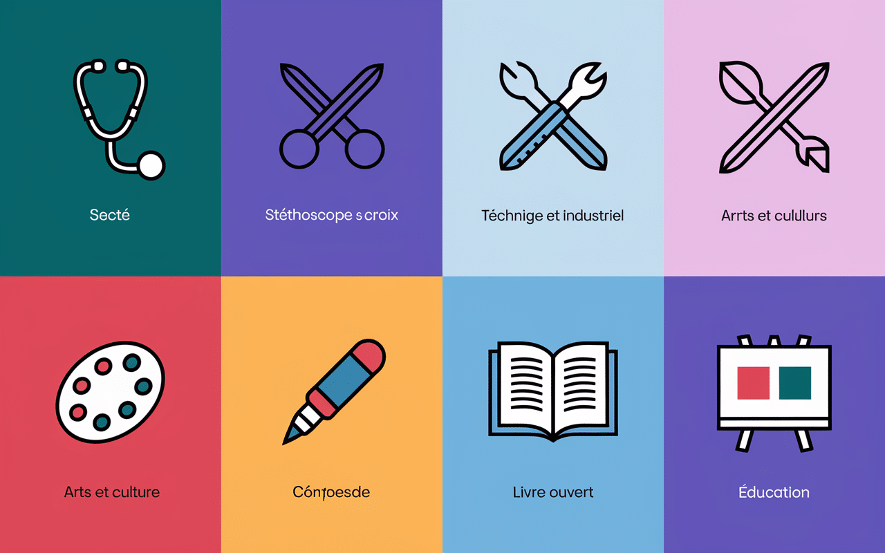 Infographie métiers en i par secteur santé, technique, arts, éducation