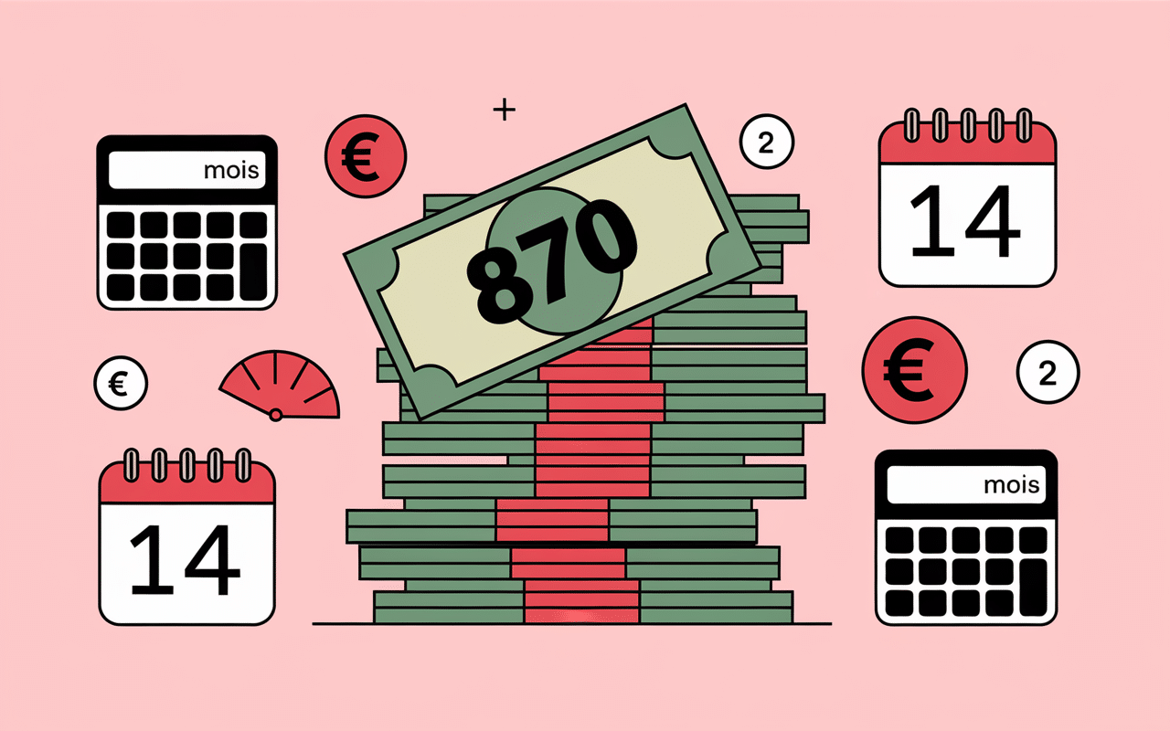 Pile de billets euros avec chiffre 870 et symboles financiers