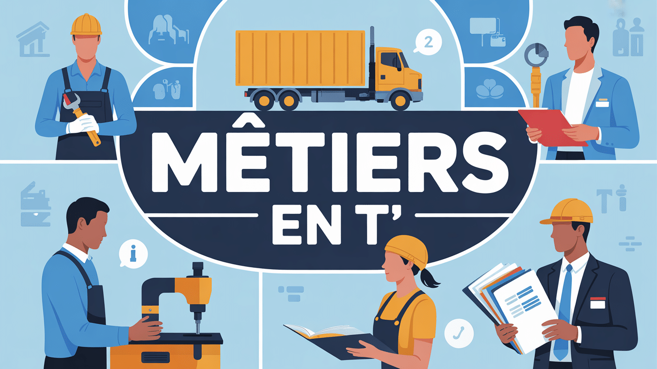 Illustration des métiers en T avec silhouettes professionnelles