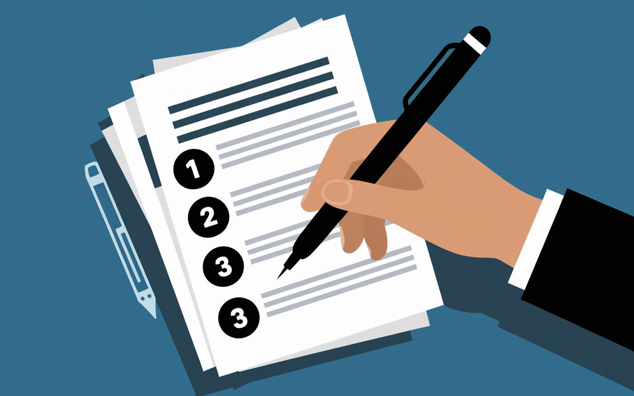 Main tenant un stylo plume au-dessus d'un document avec étapes à suivre