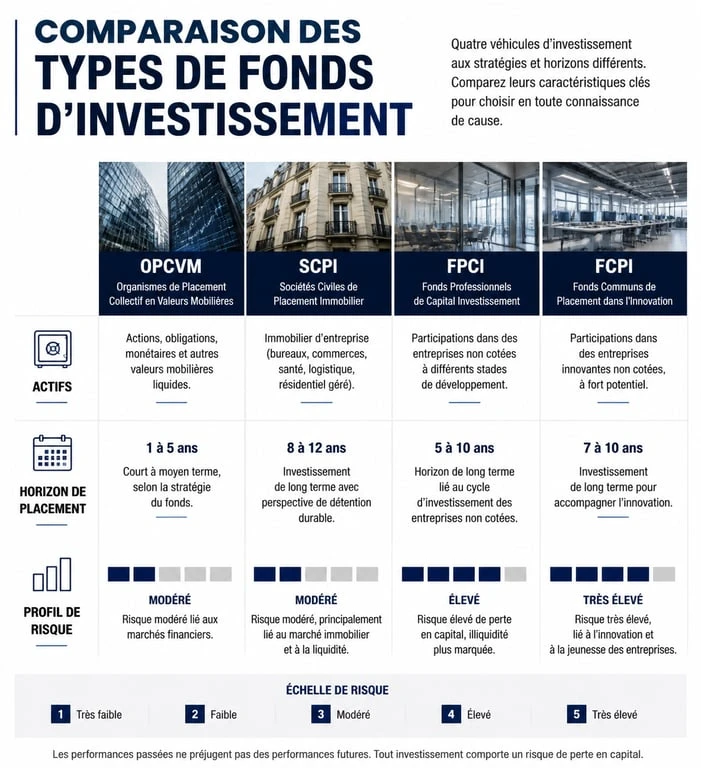 Infographie comparative des différents types de fonds de gestion de fonds d'investissement