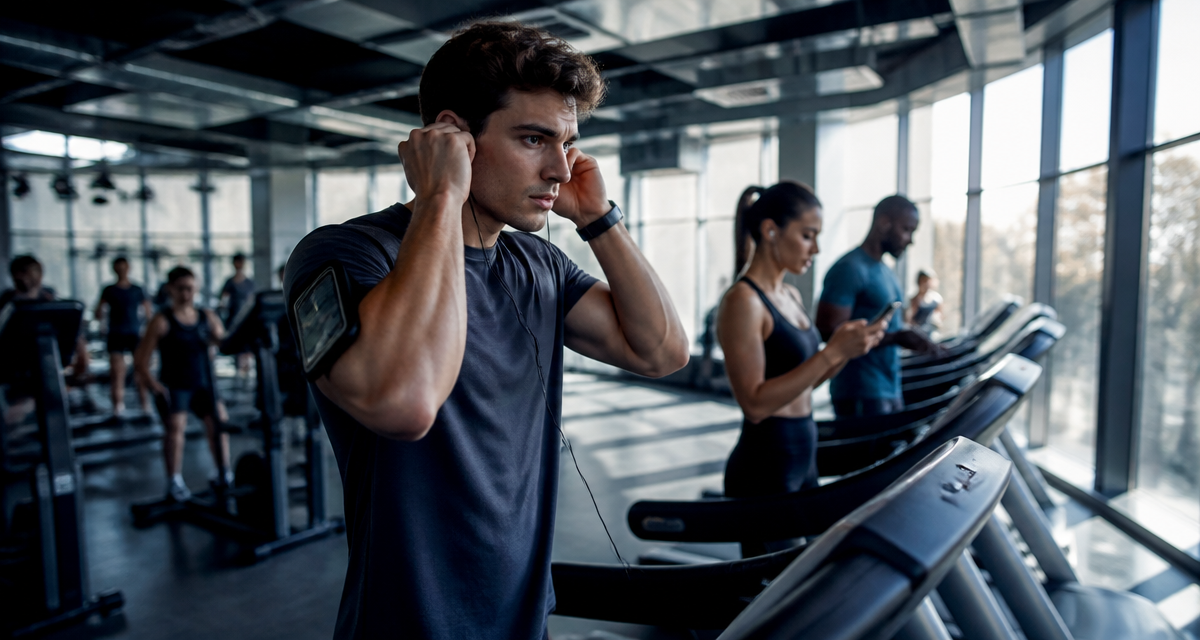musique sport motivation jeune homme écouteurs salle