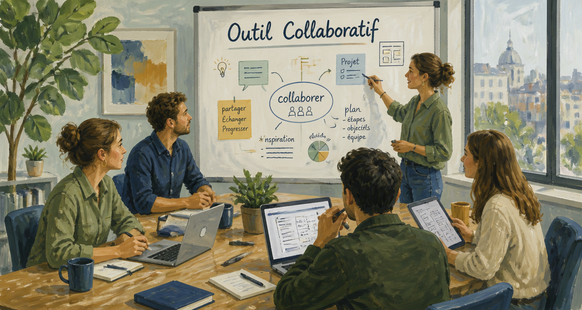 groupe utilisant outils collaboratif au bureau