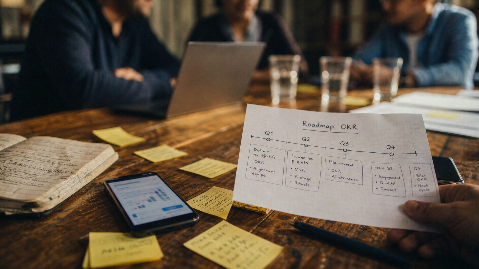 Conseil product management : roadmap OKR, squads et KPIs sur table de travail
