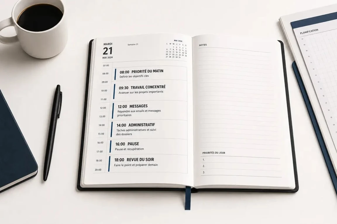 Illustration de l’organisation quotidienne avec agenda structuré en blocs horaires