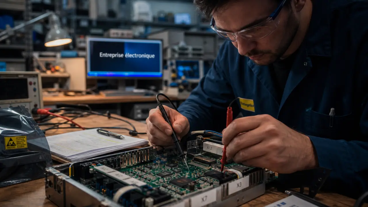 Entreprise electronique : atelier, carte électronique sur établi