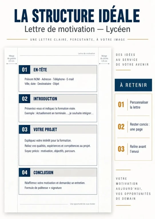 Structure idéale d'une lettre de motivation pour lycéen : guide visuel pour réussir sa candidature.
