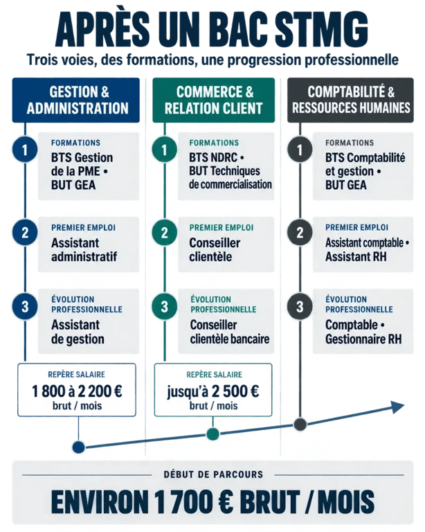Infographie STMG métier salaire : parcours d'études, débouchés et repères de rémunération