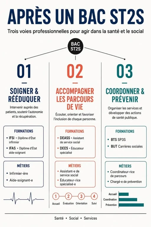Infographie des métiers après un bac ST2S : soins, social et coordination