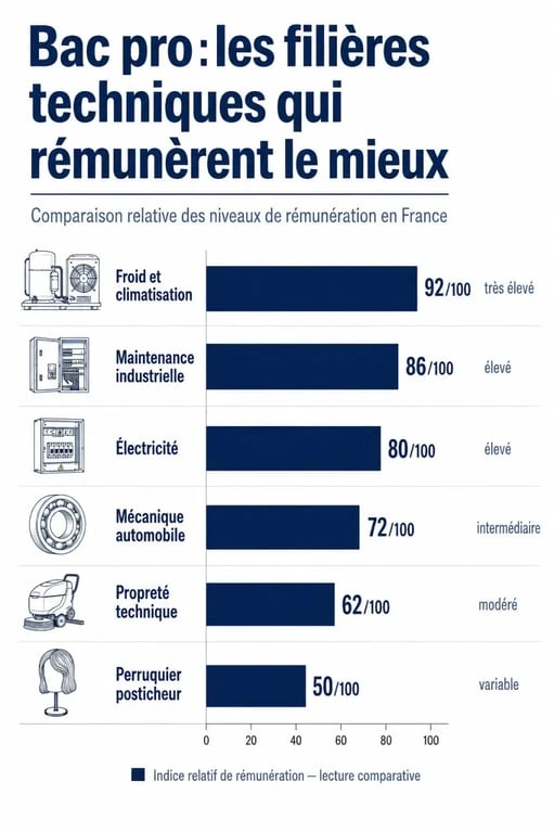 Infographie sur les métiers bac pro qui gagnent bien, avec les spécialités techniques les plus rémunératrices et les facteurs de salaire