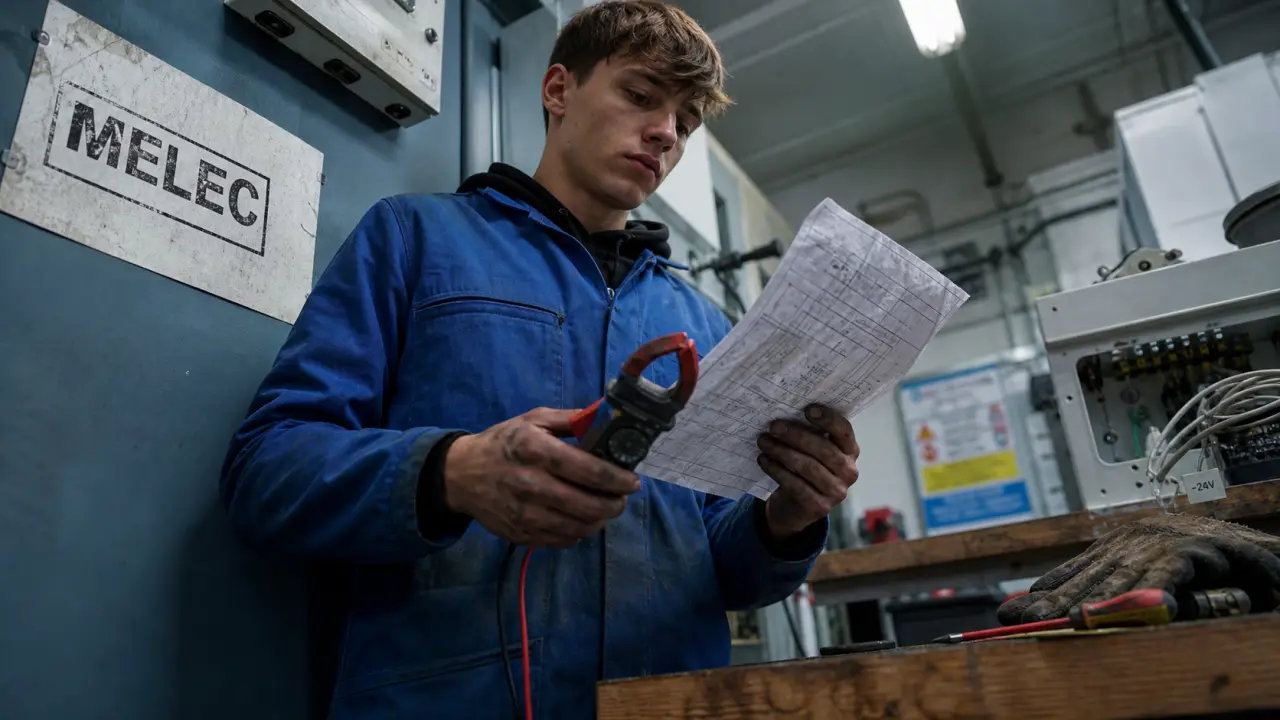 Métier bac pro qui gagne bien : électricien en atelier avec pince multimètre et boîtiers MELEC