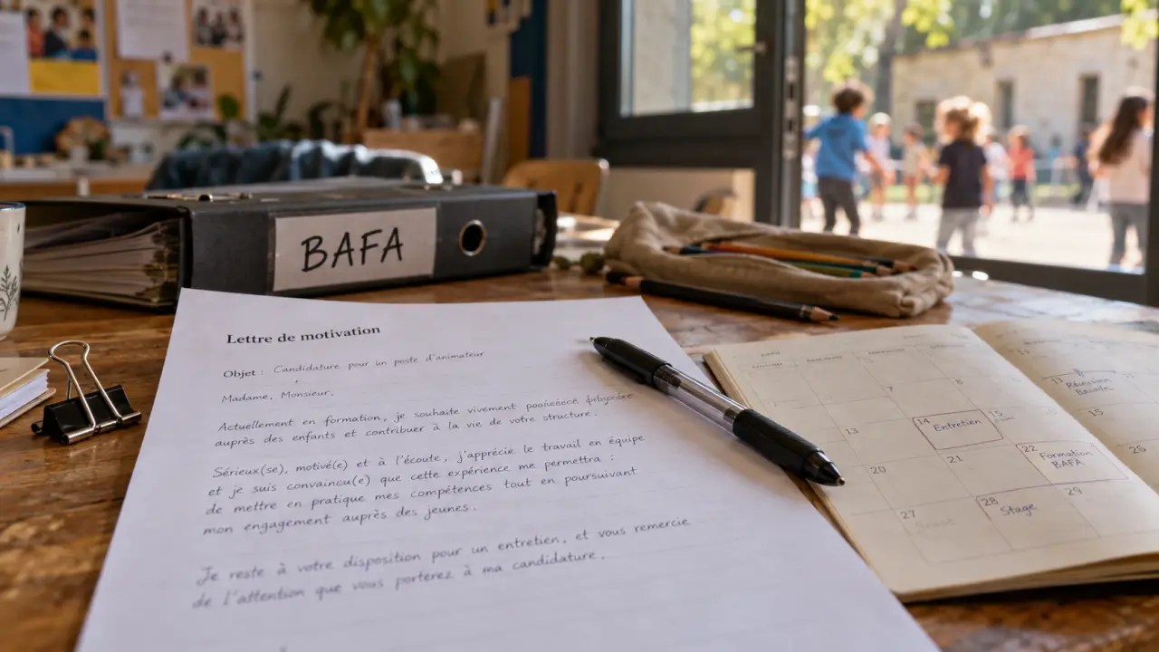 Lettre de motivation animateur : préparation sur table avec calendrier et stylo