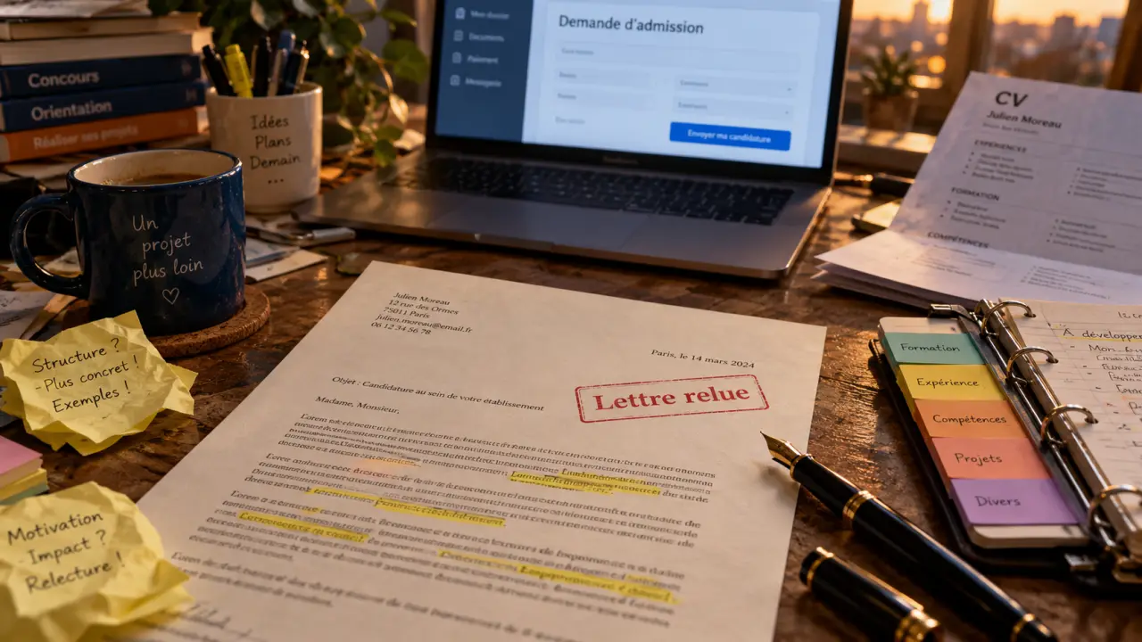 Lettre de motivation pour une ecole, document relu avec preuves sur bureau