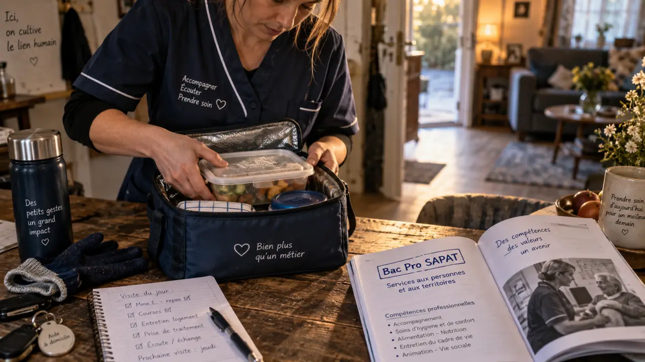 Monitrice bac pro SAPAT prépare repas et sac isotherme à domicile, métier possible avec un bac pro SAPAT